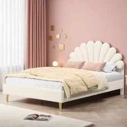 Lit tapissé de velours, 140x200 cm, lit double, lit en forme de pétale, pieds en fer doré, sommier en bois, beige