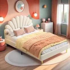 Lit tapissé de velours, 140x200 cm, lit double, lit en forme de pétale, pieds en fer doré, sommier en bois, beige