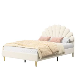 Lit tapissé de velours, 140x200 cm, lit double, lit en forme de pétale, pieds en fer doré, sommier en bois, beige