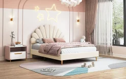 Lit tapissé de velours, 140x200 cm, lit double, lit en forme de pétale, pieds en fer doré, sommier en bois, beige