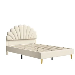 Lit tapissé de velours, 140x200 cm, lit double, lit en forme de pétale, pieds en fer doré, sommier en bois, beige