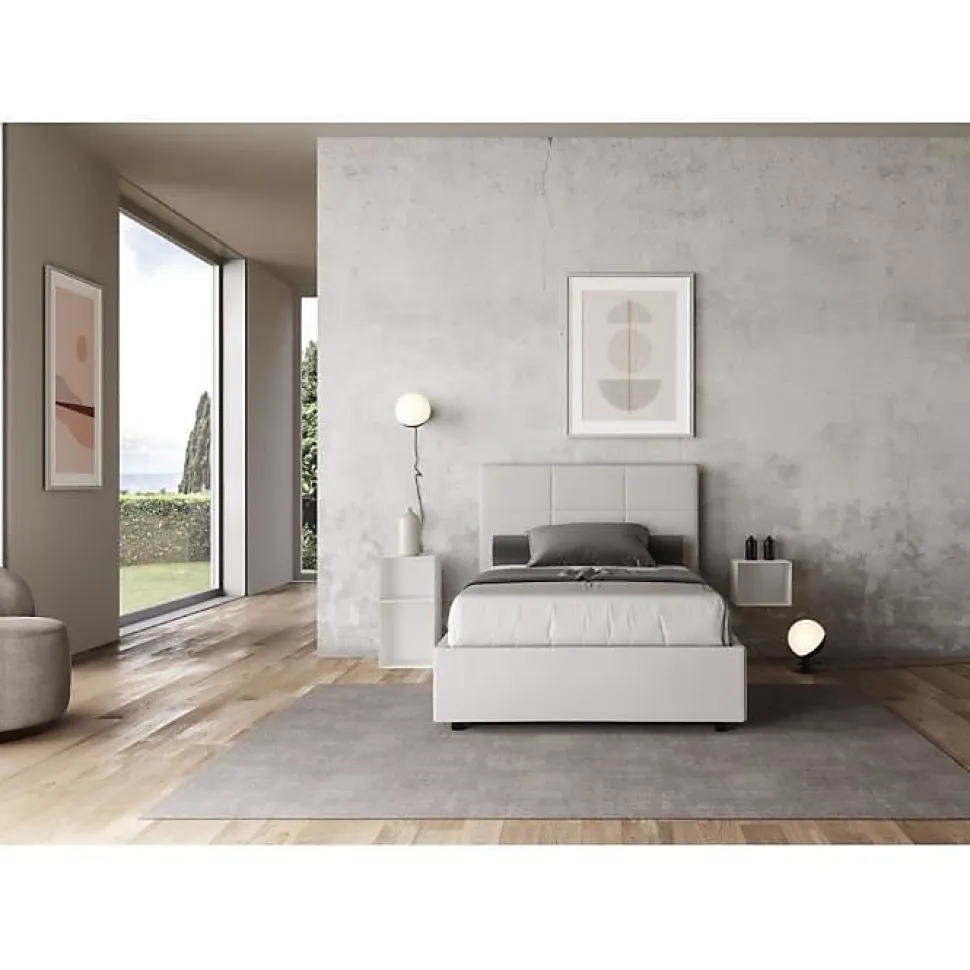 Lit tapissé en simili cuir blanc sans sommier Mika 140x210