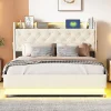 Lit tapissé LED 140 par 200 cm USB rangement hydraulique tissu lin beige adultes et adolescents
