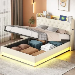 Lit tapissé LED 140 par 200 cm USB rangement hydraulique tissu lin beige adultes et adolescents