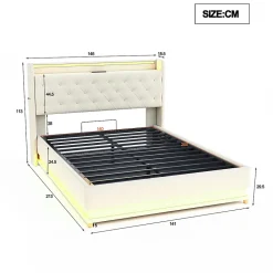 Lit tapissé LED 140 par 200 cm USB rangement hydraulique tissu lin beige adultes et adolescents