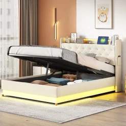 Lit tapissé LED 140 par 200 cm USB rangement hydraulique tissu lin beige adultes et adolescents