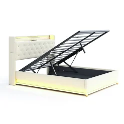 Lit tapissé LED 140 par 200 cm USB rangement hydraulique tissu lin beige adultes et adolescents