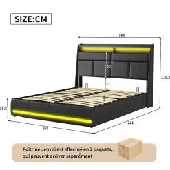 Lit tapissé 160x200 cm en PU noir avec LED, ports USB, sommier hydraulique et grand espace de rangement