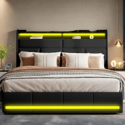 Lit tapissé 160x200 cm en PU noir avec LED, ports USB, sommier hydraulique et grand espace de rangement
