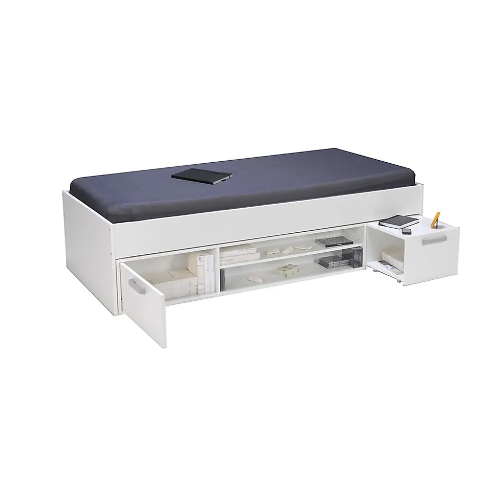 Lit TESS 90x200 + chevet + étagère + rangement / Blanc