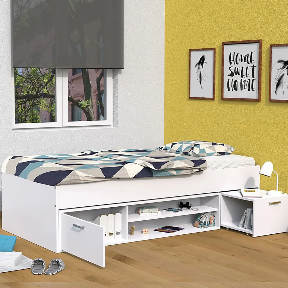 Lit TESS 90x190 + chevet + étagère + rangement / Blanc