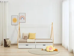 Lit tipi 90 x 190 cm avec tiroirs - Pin et MDF - Coloris : Blanc et naturel - LUANCO
