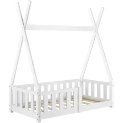 Lit Tipi pour Enfants Helsingborg avec Grille de Sécurité Pin 140 x 70 cm Blanc en.casa