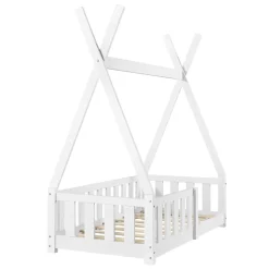 Lit Tipi pour Enfants Helsingborg avec Grille de Sécurité Pin 140 x 70 cm Blanc en.casa