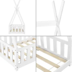 Lit Tipi pour Enfants Helsingborg avec Grille de Sécurité Pin 140 x 70 cm Blanc en.casa