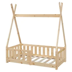 Lit Tipi pour Enfants Helsingborg avec Grille de Sécurité Pin 140 x 70 cm naturel en.casa