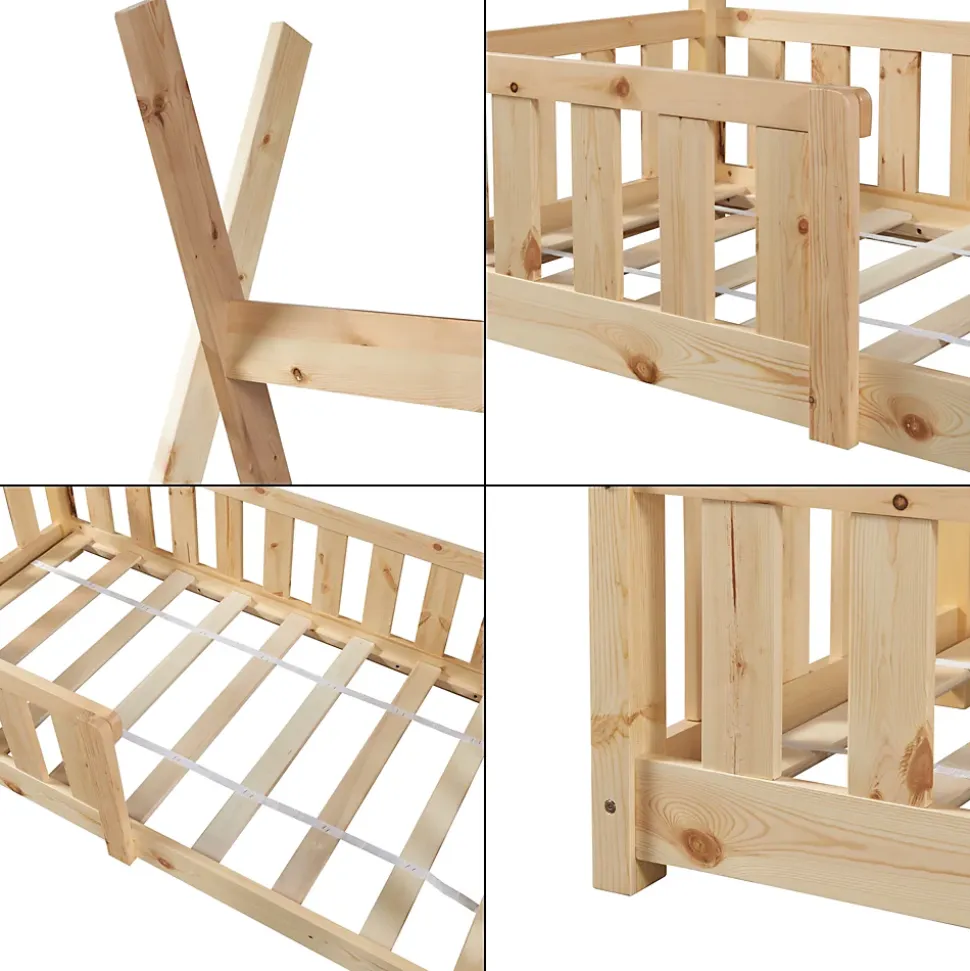 Lit Tipi pour Enfants Helsingborg avec Grille de Sécurité Pin 140 x 70 cm naturel en.casa