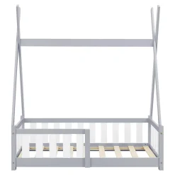 Lit Tipi pour Enfants Helsingborg avec Grille de Sécurité Pin 140 x 70 cm Gris Clair en.casa