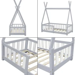 Lit Tipi pour Enfants Helsingborg avec Grille de Sécurité Pin 140 x 70 cm Gris Clair en.casa