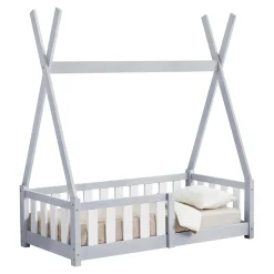Lit Tipi pour Enfants Helsingborg avec Grille de Sécurité Pin 140 x 70 cm Gris Clair en.casa