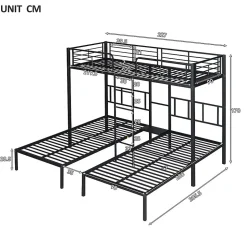 Lit triple 90 x 200 cm x 3, lit en fer avec barrières de sécurité, noir, Blackcolors