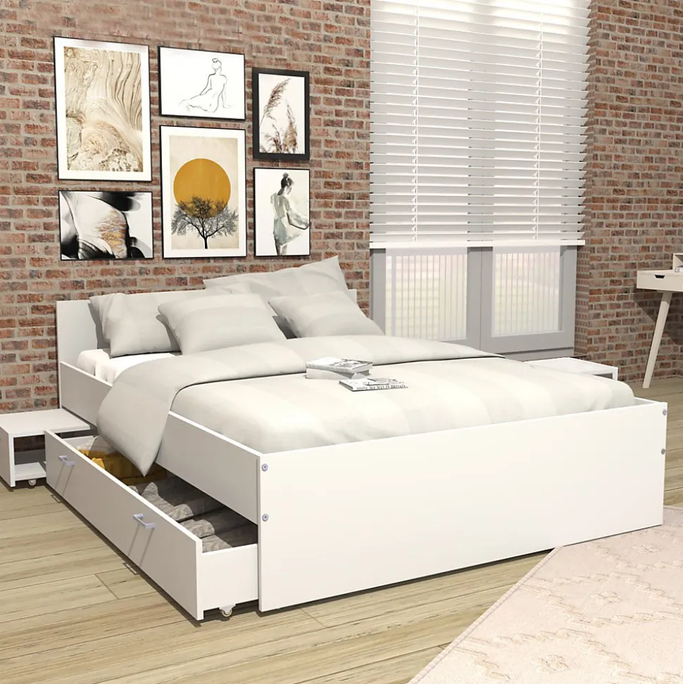 Lit TWIST 140x190 + 2 chevets + 1 tiroir / Blanc