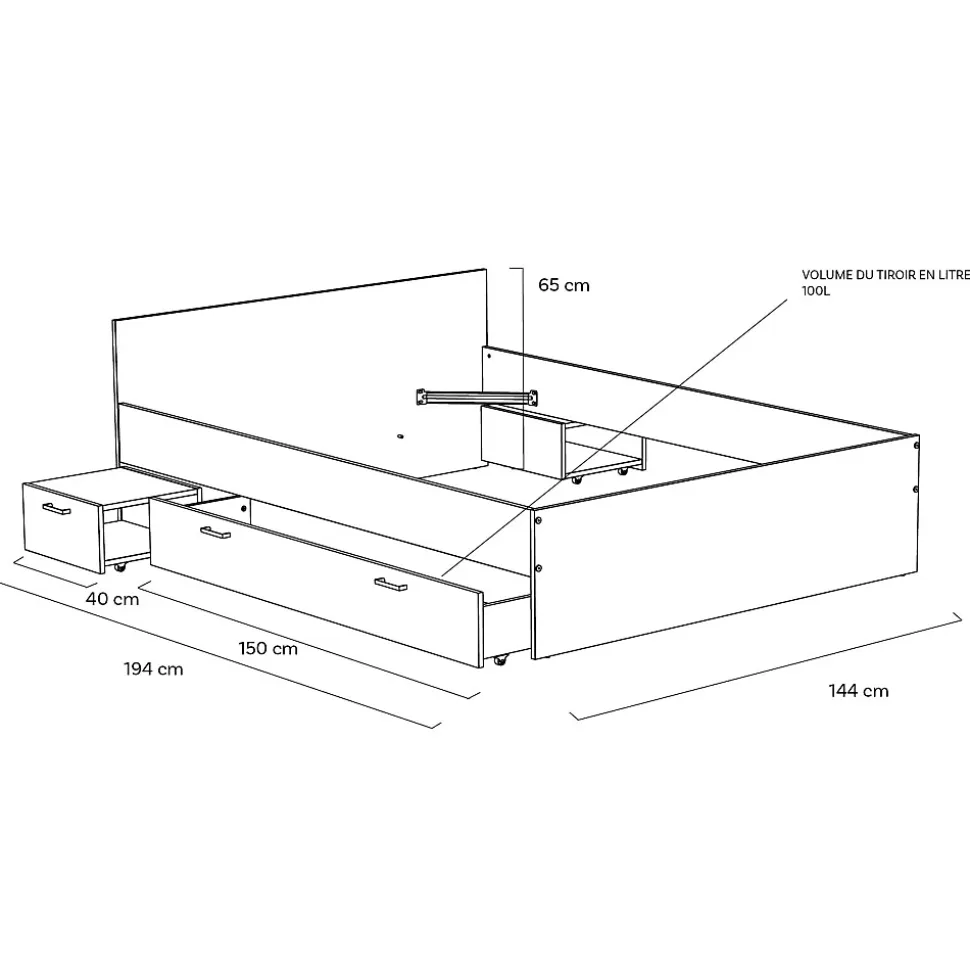 Lit TWIST 140x190 + 2 chevets + 1 tiroir / Blanc