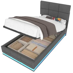 Lit velours 90x200 cm, tête réglable, USB/Type-C, LED, hydraulique, rangement XXL - gris