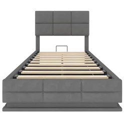 Lit velours 90x200 cm, tête réglable, USB/Type-C, LED, hydraulique, rangement XXL - gris