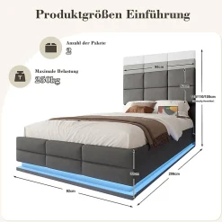 Lit velours 90x200 cm, tête réglable, USB/Type-C, LED, hydraulique, rangement XXL - gris