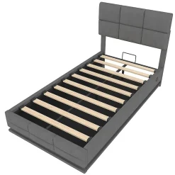 Lit velours 90x200 cm, tête réglable, USB/Type-C, LED, hydraulique, rangement XXL - gris