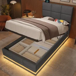 Lit velours 90x200 cm, tête réglable, USB/Type-C, LED, hydraulique, rangement XXL - gris