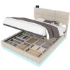 Lit velours 140x200 cm, tête réglable, USB/Type-C, LED, hydraulique - beige