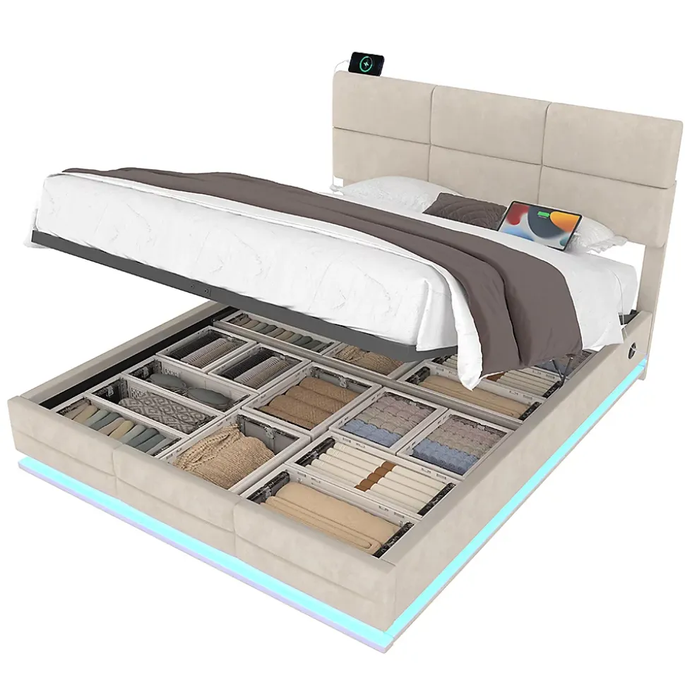 Lit velours 140x200 cm, tête réglable, USB/Type-C, LED, hydraulique - beige