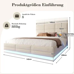 Lit velours 140x200 cm, tête réglable, USB/Type-C, LED, hydraulique - beige