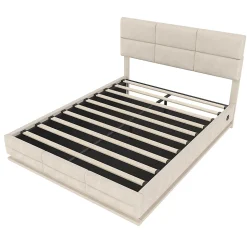 Lit velours 140x200 cm, tête réglable, USB/Type-C, LED, hydraulique - beige