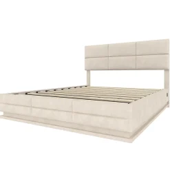 Lit velours 140x200 cm, tête réglable, USB/Type-C, LED, hydraulique - beige