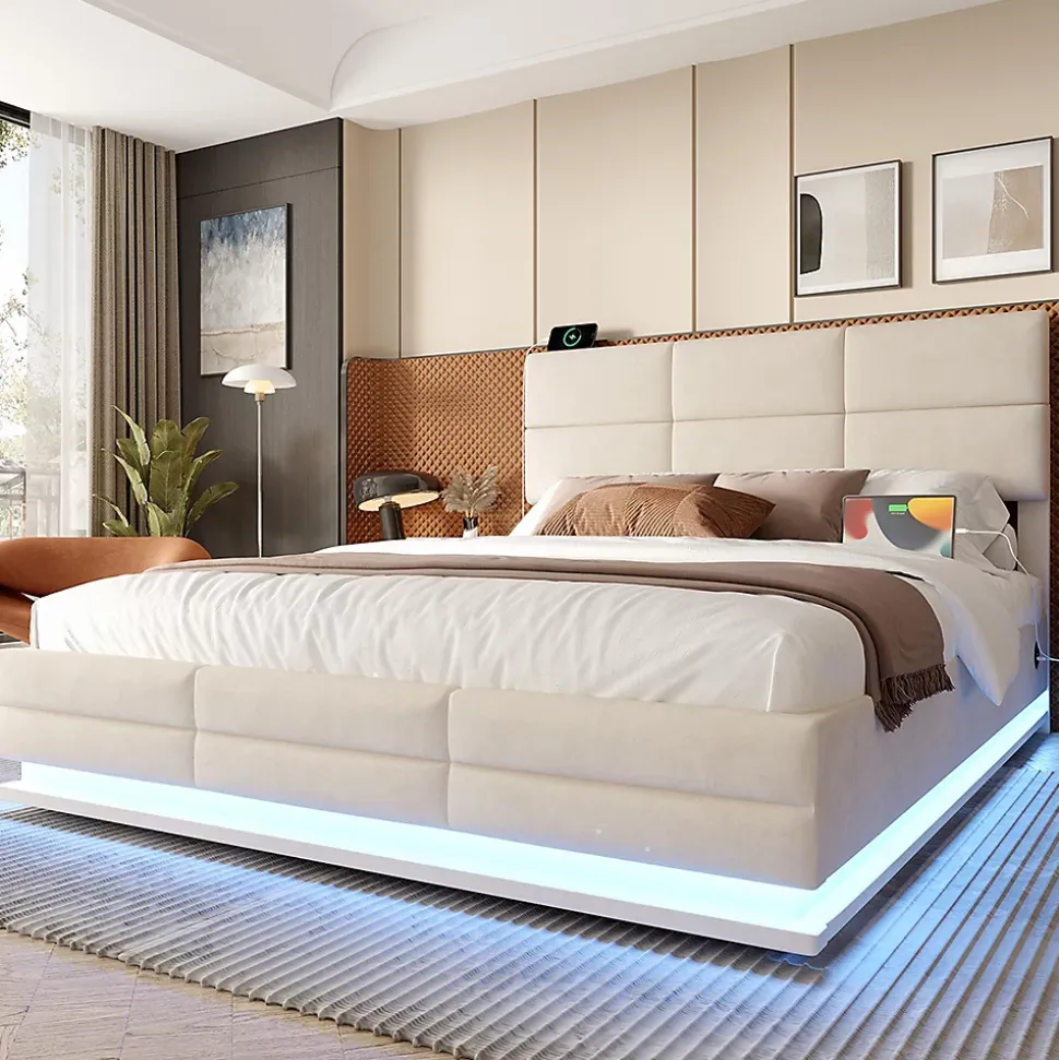 Lit velours 140x200 cm, tête réglable, USB/Type-C, LED, hydraulique - beige
