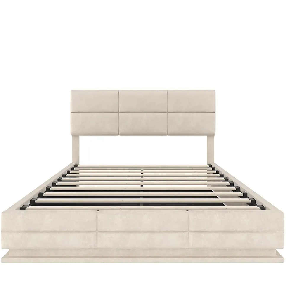 Lit velours 140x200 cm, tête réglable, USB/Type-C, LED, hydraulique - beige