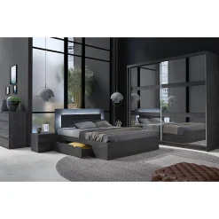 Lit VELTIS 180x200 cm avec tete de lit LED Coloris frene noir Sommier et matelas non inclus