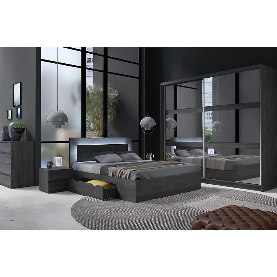 Lit VELTIS 180x200 cm avec tete de lit LED Coloris frene noir Sommier et matelas non inclus