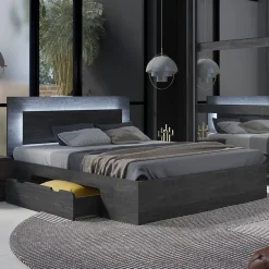 Lit VELTIS 180x200 cm avec tete de lit LED Coloris frene noir Sommier et matelas non inclus