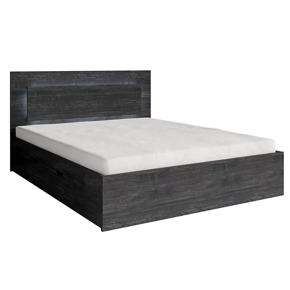 Lit VELTIS 180x200 cm avec tete de lit LED Coloris frene noir Sommier et matelas non inclus