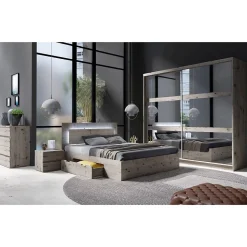 Lit VELTIS 160x200 cm avec tete de lit LED Coloris chene Wellington Sommier et matelas non inclus