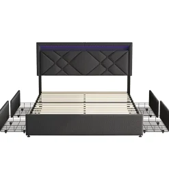 Lit 160x200 avec LED et USB, Lit Double avec à Lattes, Lit capitonné 160x200cm avec 4 tiroirs et Grand Rangement Lit, Gris