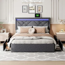 Lit 160x200 avec LED et USB, Lit Double avec à Lattes, Lit capitonné 160x200cm avec 4 tiroirs et Grand Rangement Lit, Gris