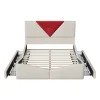 Lit 140x190 avec Rangements, Tête de Lit Bicolore Bordeaux, 2 Tiroirs, Design Moderne, Velours, Beige