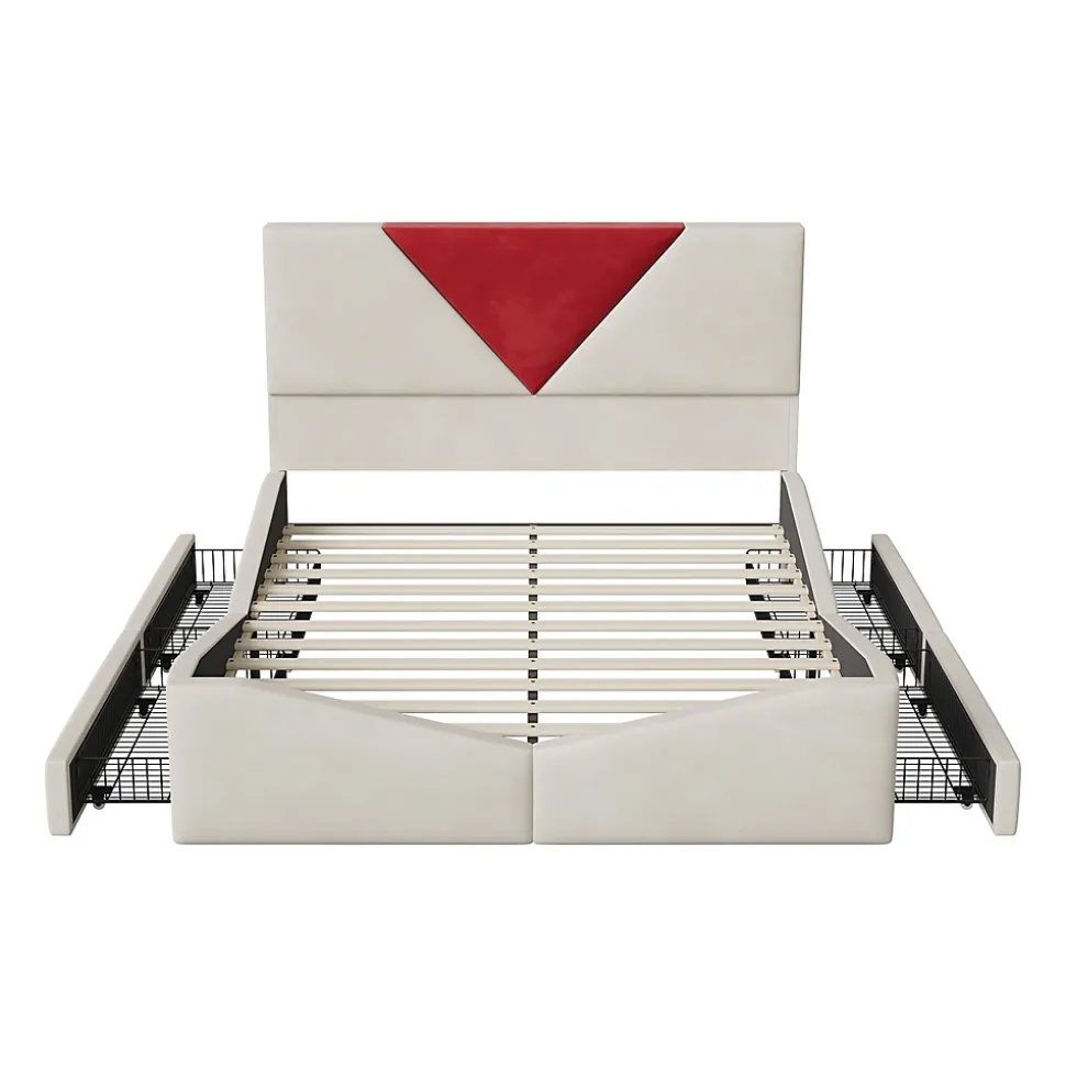 Lit 140x190 avec Rangements, Tête de Lit Bicolore Bordeaux, 2 Tiroirs, Design Moderne, Velours, Beige