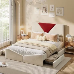 Lit 140x190 avec Rangements, Tête de Lit Bicolore Bordeaux, 2 Tiroirs, Design Moderne, Velours, Beige