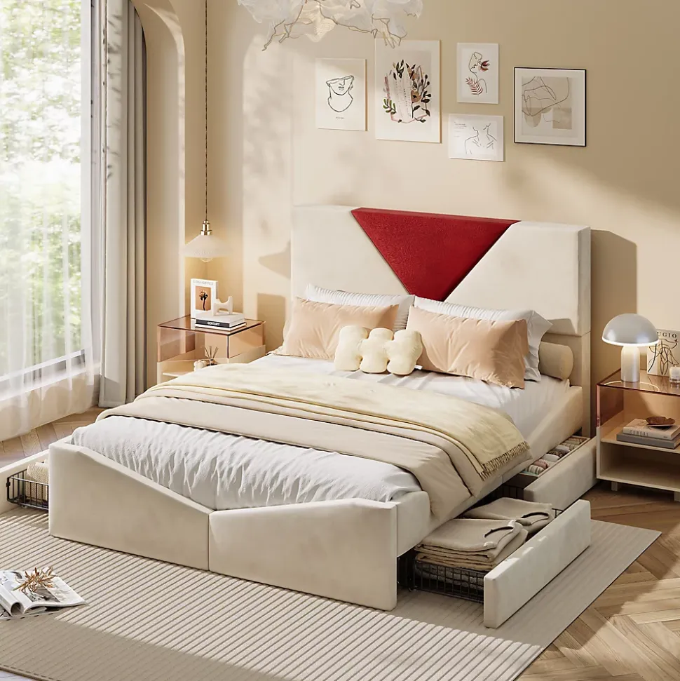 Lit 140x190 avec Rangements, Tête de Lit Bicolore Bordeaux, 2 Tiroirs, Design Moderne, Velours, Beige